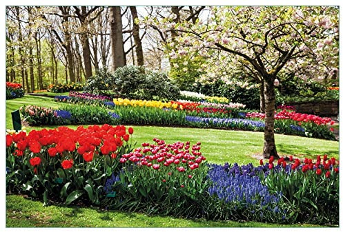 Wallario Küchenrückwand selbstklebend 90 x 60 cm, Motiv: Bunte Blumen und Kirsch-Baum im Park blühen im Frühling | Spritzschutz abwischbar & pflegeleicht