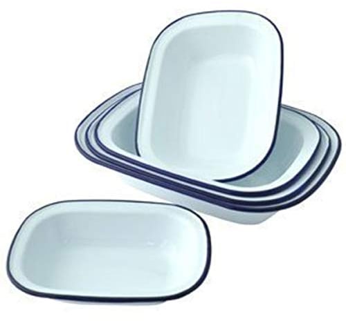 GSL 4 x White Enamel Blue Rim Roasting Oven Dish 18cm