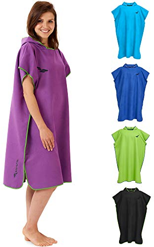 Fit-Flip Strandponcho für Surfer - Poncho Handtuch schnelltrocknend aus Mikrofaser - Umkleidehilfe Strand - Surfponchos Ultraleicht - Badeponcho für Erwachsene (Größe L, Lila/Grün)
