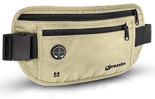 praxxim Bauchtasche für Damen und Herren - EXTRA FLACH - Hüfttasche für Handys bis 7 Zoll - Gürteltasche ideal zum Sport, Reisen und als Lauftasche für Jogging - Bauchtasche beige, stylisch