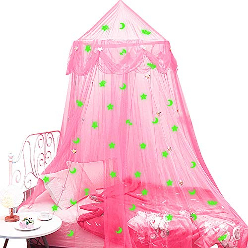 Malaxlx Moskitonetz für Mädchen Kuppel Betthimmel mit Fluoreszierend Mond und Sterne Leuchtet im Dunkeln, Prinzessin Bett mit Baldachin Geschenk für Kinder Rosa