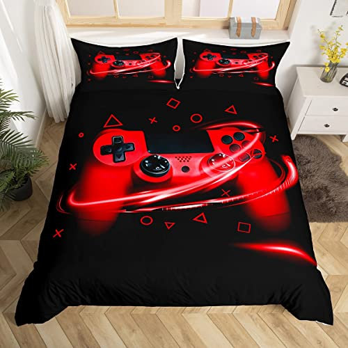 Boys Gamers Bedding Set Gamer Video Game Gamepad Duvet Cover Set Geometric Grid Triangle Circle Comforter Cover Gaming Game Controller Bedspread Cover 2Pcs Bedding Single,Black,Red