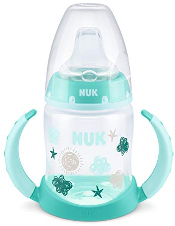 NUK First Choice+ Botella para aprender a beber, 6-18 meses, 150 ml, indicador de control de temperatura, pico a prueba de fugas, asas ergonómicas, sin BPA, nube