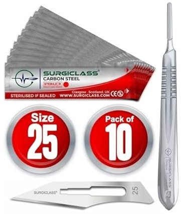Surgical Scalpel Surgical Blades # 25 Carbon Steel Sterile Pack of 10 and Handle No 4 Perfect for Wood Art, Surgical, Sculpting, Repairs, Lab Anatomy, Sign, Card Making Lab Training SURGIRD25-10