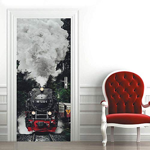 Türtapete selbstklebend TürPoster 3D Bewirken Fototapete türfolie Poster Tapete Abnehmbar Wandtapete für Wohnzimmer Küche Schlafzimmer 77 * 200cm Lokomotive