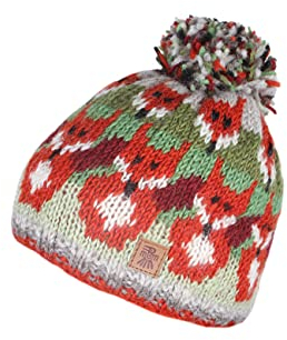 Pachamama Damen Woll-Bommelmütze Fleece gefüttert handgestrickt Fuchs mehrfarbig Einheitsgröße handgefertigt extra warm Fair Trade, Braun, Grün, Grau, Haferflocken, M