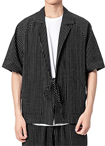 Yukata Haori Herren Kimono-Cardigan mit Tasche, Baumwollleinen, gestreift, schwarz, Large