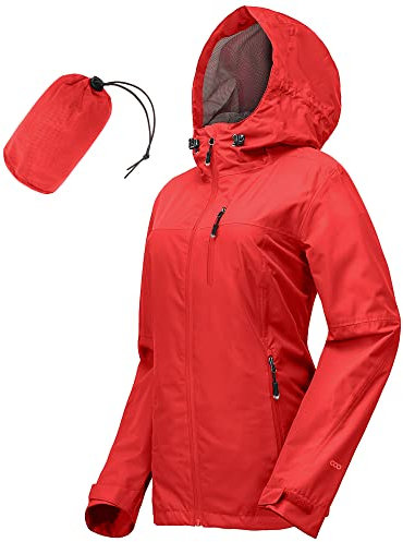 33,000ft Regenjacke Damen Wasserdicht Outdoorjacke Atmungsaktiv Herbst Übergangsjacke Leichte Jacke mit Kapuze Windbreaker zum Wandern Reisen Treking Fahrrad (Hellrot 38)