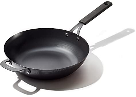 OXO Obsidian voreingebrannter Karbonstahl, 30,5 cm Wokpfanne mit abnehmbarem Silikongriffhalter, Induktion, ofenfest, schwarz