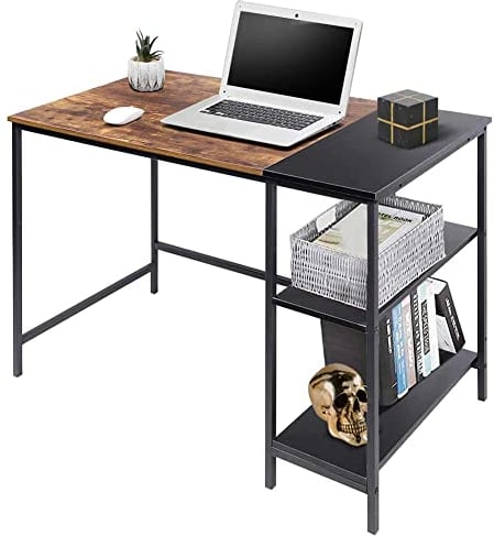 BAKAJI Scrivania con Libreria 3 Ripiani Tavolo da Lavoro Porta Pc Computer Struttura in Metallo e Piano in Legno MDF Anticato e Nero Arredamento Casa Ufficio Cameretta Dimensioni 120 x 60 x 75 cm