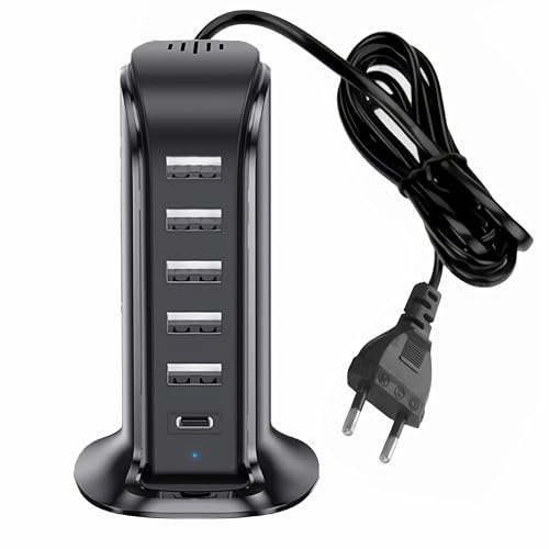 D97CS Bolwins USB Ladegerät 6 Port 30W mit Netzkabel – Mehrfach USB Ladeadapter für Handy, Smartphone, Tablet, Powerbank und Headset – Kompatibel mit 100–240V EU Stecker, Kabellänge 1,2 m