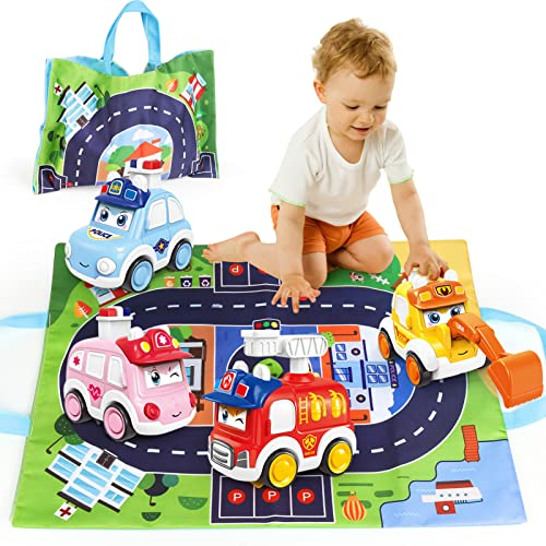 Norkbeng Baby Car Toy for 1 Year Old, 4PCS Kids Press and Go Vehicles with Play Mat Storage Bag, Friction Powered Trucks, Birthday Easter Gifts for Boys Girls 2 3 4
