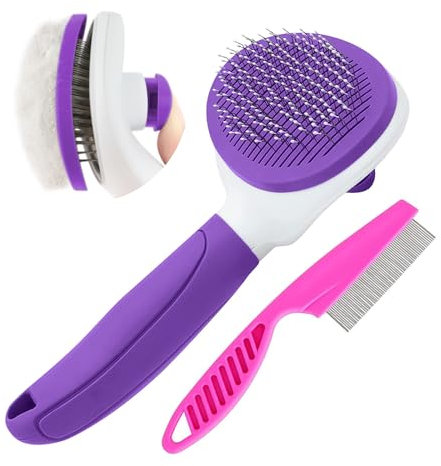 Cat Brush for Shedding, Cat Hair Brush with Release Button for Indoor Cats Dogs Self Cleaning Grooming(Purple)