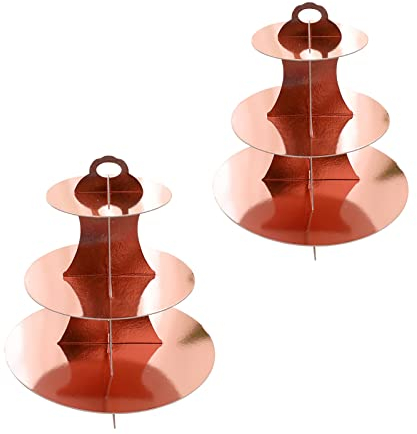 2 Pack 3 Tier Cardboard Cake Stand, Three Tiered Paper Afternoon Tea Stands color Disposable Cupcake Holder Round Dessert Stands for Party Wedding Birthday Baby Shower Anniversary (Paper Rose Gold)