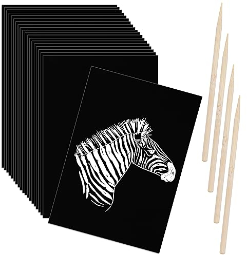 Scratch Art Paper Set Black Scratch Paper with Wooden Stick Scratch off Paper Scratch Art Drawing Paper for Kids Adults DIY Birthday Party Gift Supplies (24 Pieces)