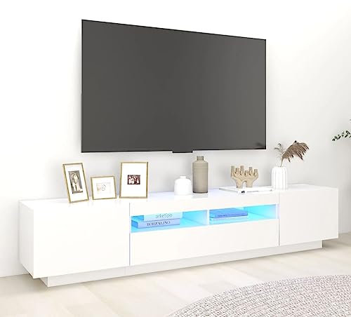 Higsose Meuble TV Salon avec Lumières LED RVB Blanc 200x35x40 cm Aggloméré Armoire Multimédia Rangement Ample Ranger Soigneusement Lecteur DVD Appareil de Streaming Console de Jeu