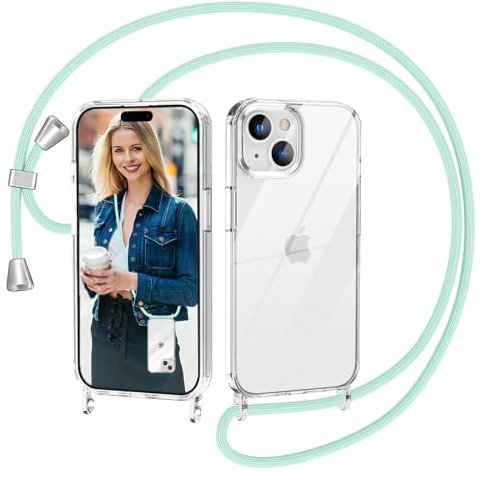 Nupcknn Transparente Funda con Cuerda para iPhone 15, Anti-Choque Anti-arañazos Carcasa Silicona Case con Correa Colgante Colgante movil Ajustable Collar Case 1.6M(6.1,Verde Claro)