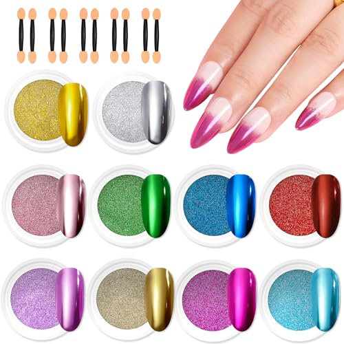 Makartt Mirror Chrome Nail Powder, 10 Colors Metallic Nail Pigment Powder with 10 Sticks Set, Nail Chrome Powder for Gel Nails, Mirror Effect Nail Powder for Nail Decoration
