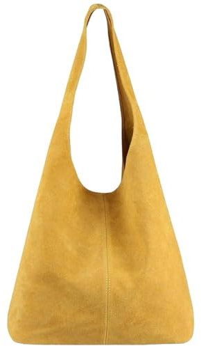 Modarno Borsa a tracolla da donna in pelle scamosciata pochette, borsa a tracolla, shopper, da donna, in vera pelle (Giallo Ocra)