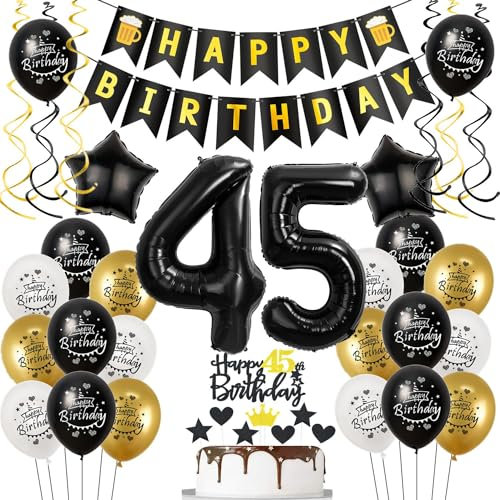 Luftballons 45. Geburtstag Schwarz Golden, Geburtstagsdeko 45 Jahre Mann Frauen, Ballon 45. Geburtstag, Folienballon Zahl 45, deko 45. geburtstag Frauen, Schwarz Tortendeko 45 Mann Deko