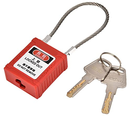 Safety Lockout Padlock, Steel Rope, Industrial Isolation Lock, Red