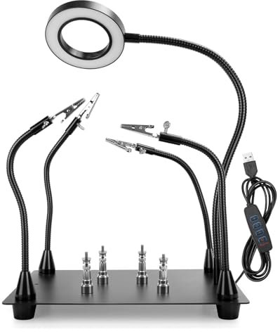 Magnetische helfende Hände Lötstation mit 4 flexiblen helfenden Händen, 5-facher Lupe und verstellbarem Licht mit 4 magnetischen Leiterplattenhalter auf großer rutschfester Basis für elektronische