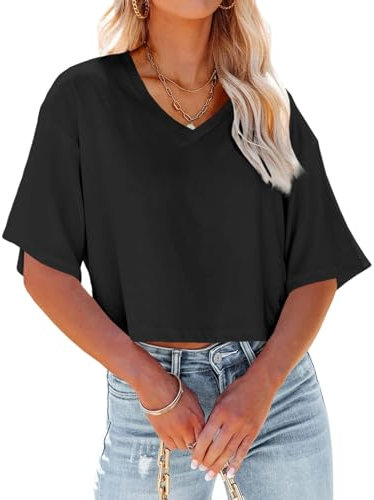 GeGekoko Damen V-Ausschnitt Cropped T Shirts Casual Sommer Crop Tops Halbarm Einfarbige Crop Baisc Tees