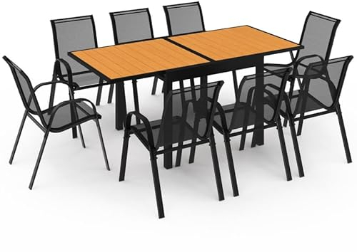 IDMarket - Salon de Jardin Poly Extensible Table 90-180 CM et 8 chaises Bois et Noir