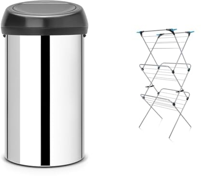 Brabantia 60 Litre Large Kitchen Touch Bin (Brilliant Steel/Matt Black Lid) Removable Lid, Soft-Touch Open, Easy Clean Rubbish Food Waste Bin & Minky 3 Tier Plus Clothes Airer