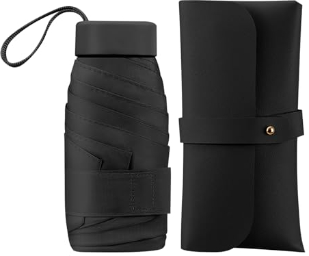 DiiWmme Mini Regenschirm mit Upff50+ Schutz 6 Rippen Faltbarer Kompakter Reiseschirm mit Aufbewahrungsbox Strudy Leichter Taschenschirm Tragbarer Uv Regenschirm für Männer Frauen. (Schwarz)