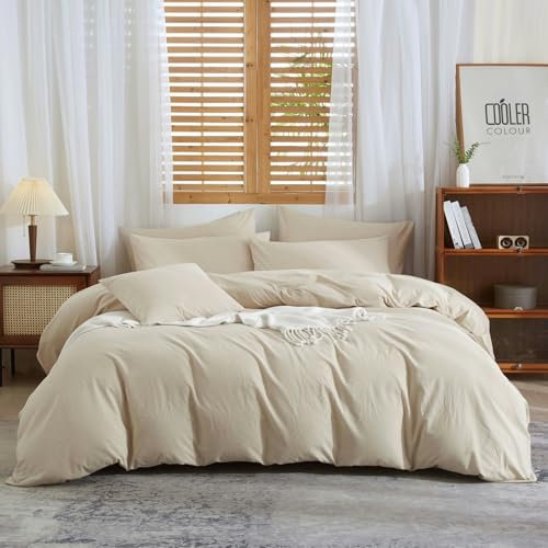 Boqingzhu Bettwäsche Beige 155x220cm Musselin Baumwolle Leinen Atmungsaktiv Weich Bettwäsche Set Bettbezug und 2 Kissenbezüge 80x80cm