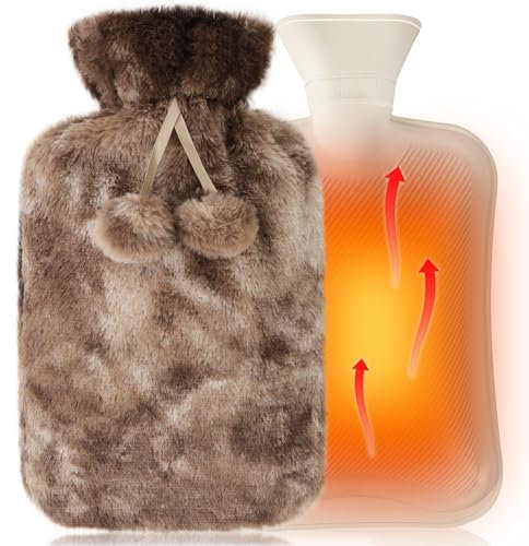 Bouillotte de 2L avec Housse en Caoutchouc Moelleuse, Bouteille d'eau Chaude avec Housse Peluche Ultra douce pour Adulte & Enfant - la main, Soulage les Douleurs, Thérapie par la Chaleur, Brun