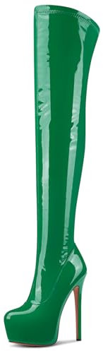NobleOnly Donna Alto High Spillo Tacco Heel Rotonda Punta Piattaforma Sopra il Ginocchio Stivali Cerniera Ballo Feste Stivali 15 CM Heels Verde 40 EU