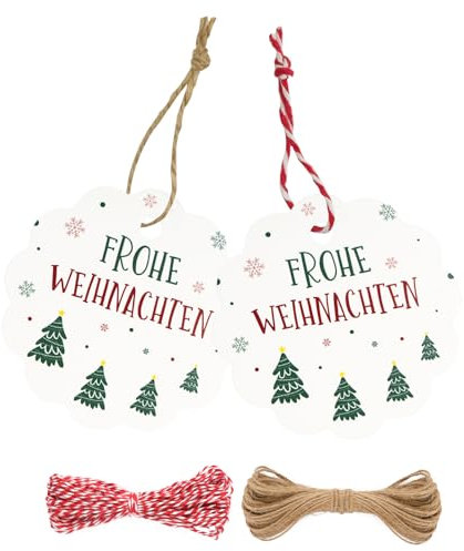 G2PLUS Weiß FROHE WEIHNACHTEN Anhänger, 100 Stück Geschenkanhänger mit Frohe Weihnachten, 6CM Papier Weihnachtsanhänger mit Schnur, Weihnachten Etiketten Anhänger für Geschenk, Weihnachten Deko