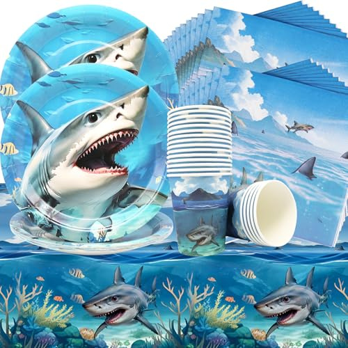 Doyomtoy Unter dem Meer Partybedarf,Hai Geburtstag Party Dekoration 61 Stück Hai Teller Tassen Servietten Tischdecke für Jungen Ozean Thema Party Supplies Geeignet für Kindergeburtstage