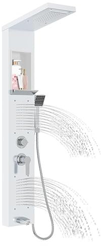 Aufun Pannello doccia in acciaio inox con ripiano e rubinetto, 5 funzioni colonna doccia pioggia e nebbia, 4 getti massaggianti regolabili, doccetta e beccuccio a cascata, rubinetto doccia, bianco