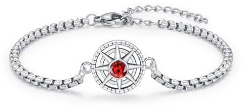 OHAYOO Damen Armband Silber 925 Kompass Geburtsstein Januar Granat Armband Schmuck für Damen Herren Mädchen Teenager Geschenke