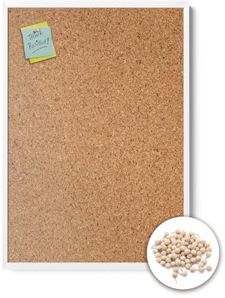Wallfluent Korkplatte Wand 120x90 cm Pinnwand Kork Naturkorkschicht Memo Board mit Weißer Rahmen aus Kunststoff Mit Pushpins 1,5 cm Dicke für Büro Schule und Zuhause mit Rahmen