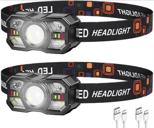 ALFFREUDE 2 Pezzi Torcia Frontale USB Torcia da Testa Ricaricabile 2000 Lumens 5 Modalità di Luce Lampada Frontale Impermeabile Adatto per Campeggio Corsa Escursionismo Pesca