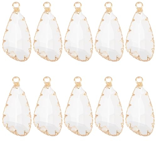 GOMAKERER 10 Stück Facettierter Tränen-Anhänger, Charm Anhänger Aus Vergoldetem Kristallglas Messing Verbinder Charms Aus Klarem Glas Zur Schmuckherstellung Armbänder, 28x13x5.5mm
