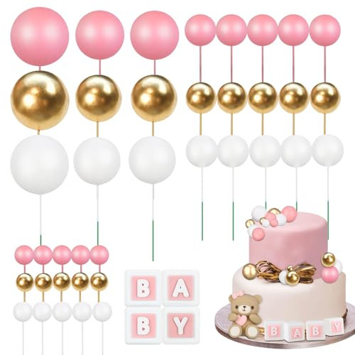 44 Stück Tortendeko Kugeln Bär, Tortendeko Taufe Set, DIY Kuchen Kugeln Dekoration, Gender Reveal Partyzubehör & Geburtstagsdekoration für Jungen Mädchen Geburtstag Party Baby Dusche (Rosa)