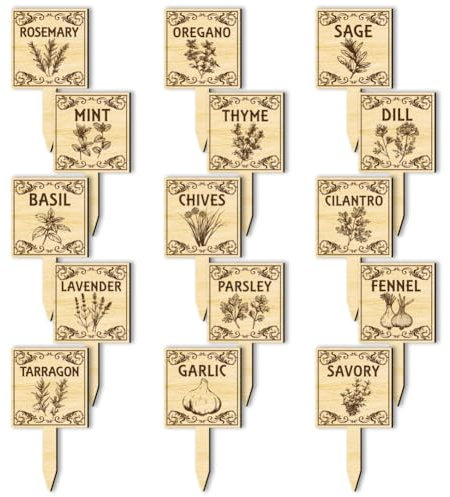 arricraft 15 pezzi di etichette per piante erbacee, etichette di tipo T in legno per giardino con motivo retrò stampato per semi in vaso di erbe e piante aromatiche, unico divertente