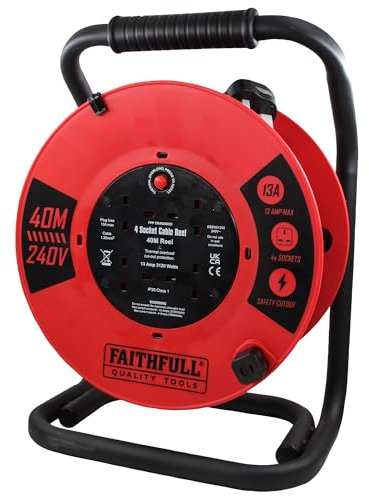 Faithfull 40M Open Cable Reel, 4 Socket Extension Lead with Winding Handle - 240V, 13A