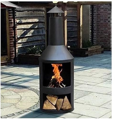 Large Steel Chiminea Log Burner Outdoor Wood Heater Fire Pit for Garden and Patio Built-in Log Storage Tall Black Durable Heat Resistant Freestanding Fireplace Outside Furniture 135cm