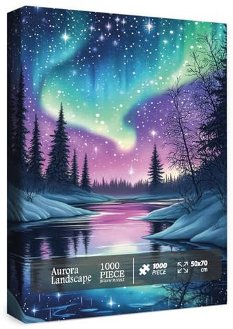 Buntes Nordlichter-Puzzle für Erwachsene, 1000 Teile, Natur, hübsche Landschaft, Puzzle, Sternennacht, Winterszene, Schneestern, herausforderndes Aurora-Borealis-Puzzle