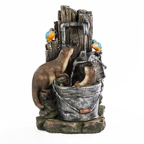 Serenity Otters and Kingfishers Garden Water Feature with LED Lights Rustic Tap Fountain with Buckets Outdoor Polyresin Ornament for Garden or Patio Mains Powered 63x38x30cm