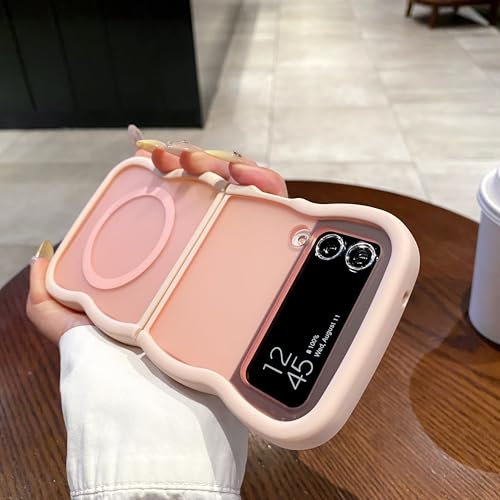 UEEBAI Coque Magnétique pour Samsung Galaxy Z Flip 3/Z Flip 4 5G, Wave Frame Étui en Silicone Liquide avec Recharge sans Fil, Housse de Protection Antichoc Souple Bumper Cover Flip Case, Rose
