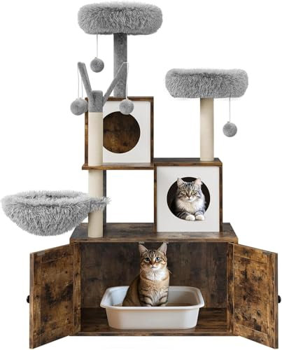 Arbre à Chat avec litière, Meuble Litiere Chat 140cm, Moderne Arbre Chats avec Kit Anti-Bascule, avec 2 Grandes Plateformes, 2 Armoires Cachées et des Balles Suspendues, Marron