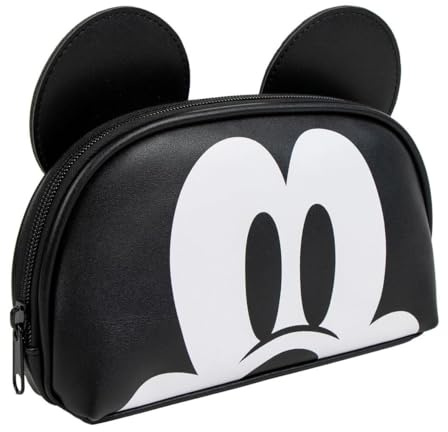 Mickey Maus Kulturbeutel, Waschtasche, Kosmetiktasche, Schwarz mit weißem Design, PU-Leder, 23 x 10,5 x 5 cm, Kinder und Erwachsene, Mouse (Schwarz)
