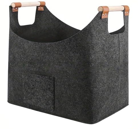 Firewood Log Basket - Felt Carry Tote, Sturdy Wood Holder | Foldable Storage Bag, Large Capacity Organizer | Reusable Multi-Use Container with Side Pockets for Fireplace, Transport, Laundry, Home